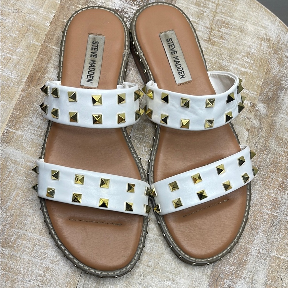 Steve Madden Gold and White Sandals with Studded Straps pre-loved